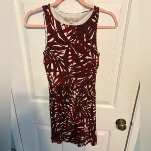 LOFT Burgundy and White Leaf Print Midi Dress